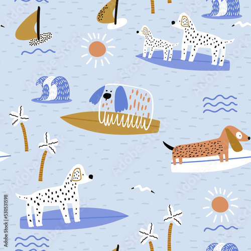 Seamless summer pattern with cute dogs on surfboard. Childish texture with funny pets on the beach. Vector illustration