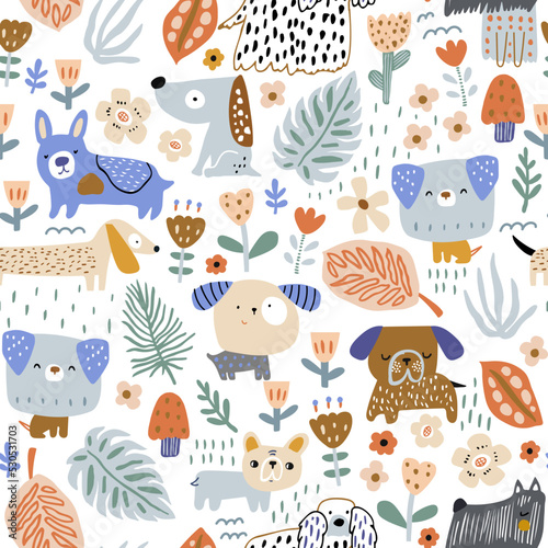 Seamless pattern with cute dogs and florals. Childish funny puppy texture. Vector illustration