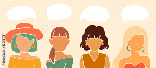 Thinking women profile of different nationalities vector illustration. Conversation and talk female faces design portrait. Woman problem.