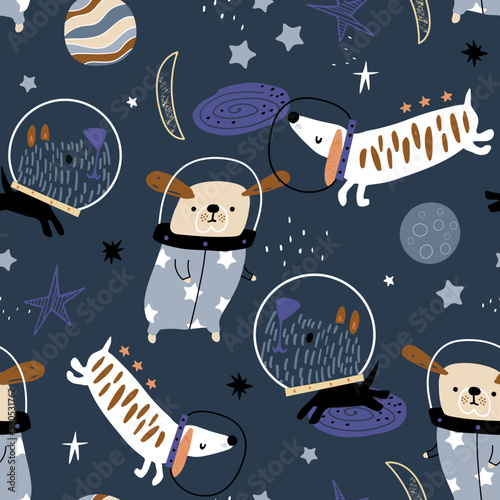 Seamless childish pattern with funny dogs astronauts. Space texture with cute pets. Vector illustration