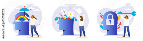 Mental health women trendy color style for psyhology book, medical metaphor, poster, flyer, booklet, social media, advertising. Vector 10 eps