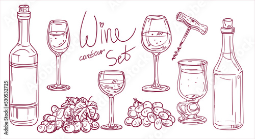 A set from the alcoholic beverages circuit. Bottles of wine, glasses, bunches of grapes, corkscrew. Suitable for kitchen illustration in bars, restaurants, cafes. For menus and printed products.
