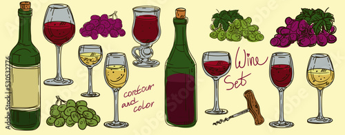 Color contour alcohol set. Bottles of wine, glasses, bunches of grapes, corkscrew. Suitable for kitchen illustration in bars, restaurants, cafes. For menus and printed products.