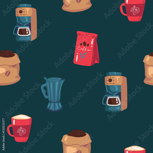 Vector hand drawn style coffee makers patten. Different kinds of coffee mugs, pots and coffee makers, coffee beans. Colorful, warm colors