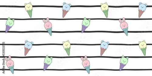 Colorful ice cream cones with cute animals on a black and white striped background. Endless texture with kawaii dessert characters. Vector seamless pattern for cover, surface texture or wrapping paper