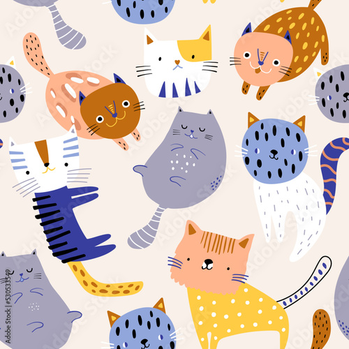 Seamless childish pattern with colourful cute hand drawn cats. Creative kids hand drawn texture for fabric, wrapping, textile, wallpaper, apparel. Vector illustration
