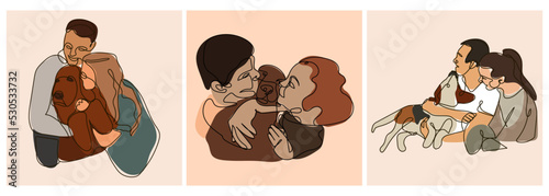 A set of linear sketches of families with dogs. Graphic line, with monochrome spots. Love for a dog, a pet. Suitable for printing paper and textile products. Banners, flyers, printing on clothes.