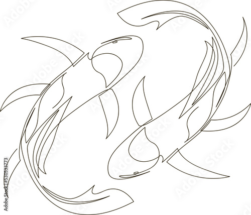 Astrological Pisces zodiac sign one line drawing. Astrology emblem. Koi fishes symbol outline, contour for mystic logo, calendar print. Horoscope vector Illustration.