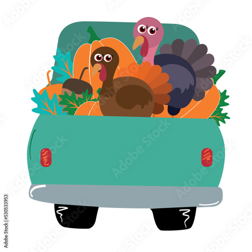 Cartoon old truck with pumpkin, acorn, vector illustration art.