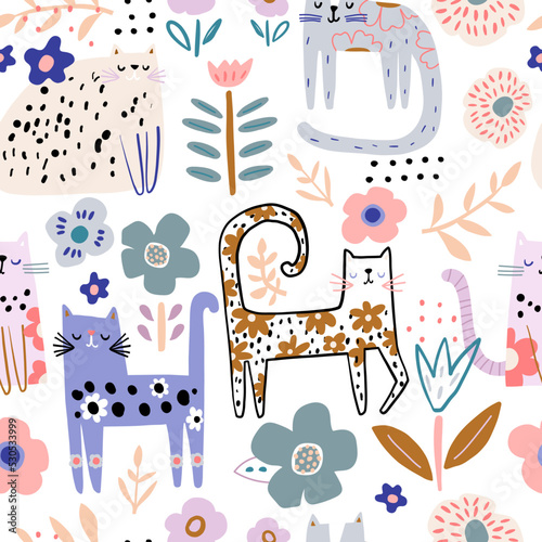 Seamless childish pattern with floral cute hand drawn cats. Creative kids hand drawn texture for fabric, wrapping, textile, wallpaper, apparel. Vector illustration