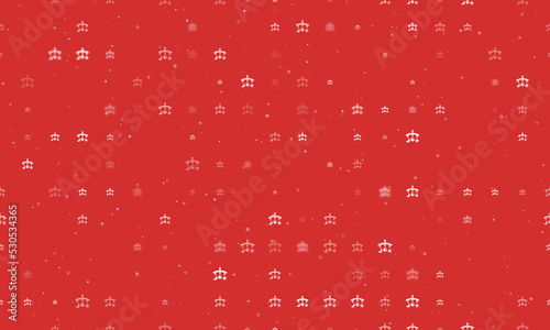 Seamless background pattern of evenly spaced white baby mobiles of different sizes and opacity. Vector illustration on red background with stars