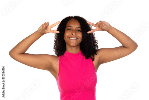 Photo of dark skin lady showing v-sign symbols near eyes wear casual pink t-shirt