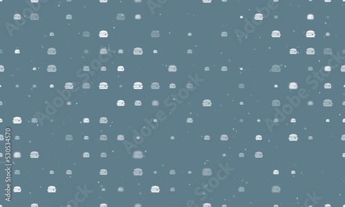 Seamless background pattern of evenly spaced white hamburger symbols of different sizes and opacity. Vector illustration on blue grey background with stars