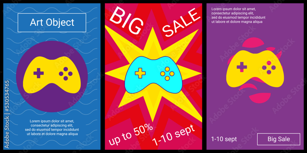 Trendy retro posters for organizing sales and other events. Large joystick symbol in the center of each poster. Vector illustration on black background