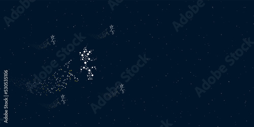 A carnivorous plant symbol filled with dots flies through the stars leaving a trail behind. There are four small symbols around. Vector illustration on dark blue background with stars