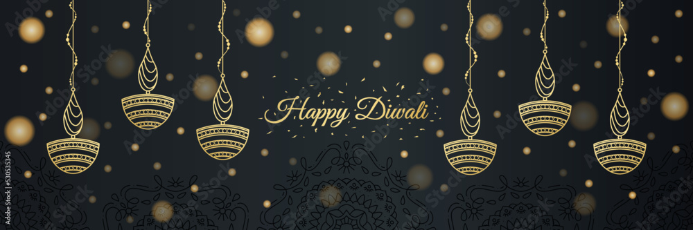 Happy Diwali Luxury Golden Black Horizontal Website Header Vector Illustration. Fairy lights and Diya. Hindu Festival celebration banner design. Social media post, promotion, advertisement, invitation