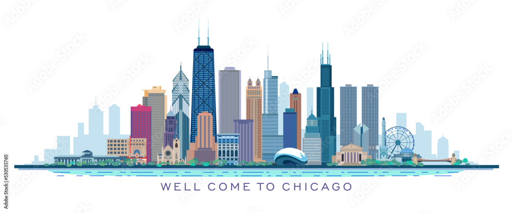 Cities to travel to. Vector illustration of famous architectural landmarks of the city of Chicago. - obrazy, fototapety, plakaty 