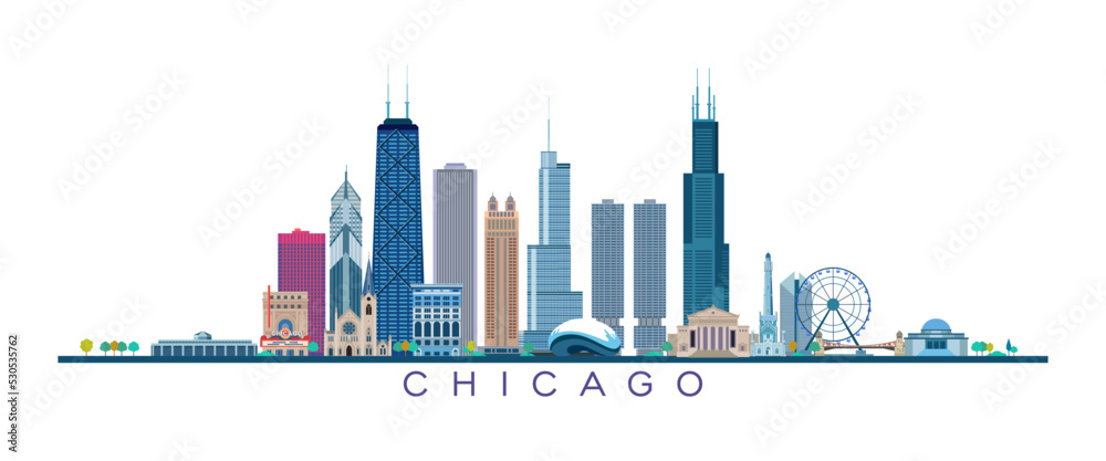 Fototapeta premium Chicago skyscrapers and architectural symbols vector illustration.