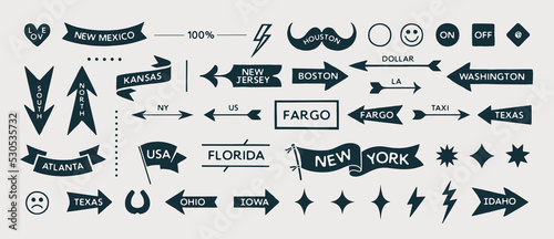 Arrow set icons. Black and white collection vintage sign, symbols and graphic elements. Flat arrow set for decorative design. Hand-drawn graphics, drawing sign. Modern arrows. Vector Illustration