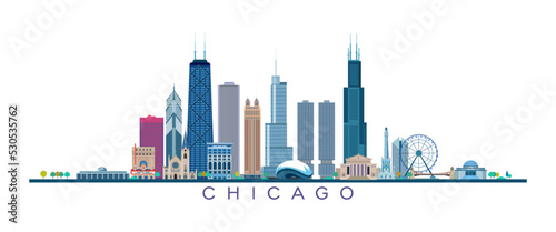 Chicago skyscrapers and architectural symbols vector illustration.