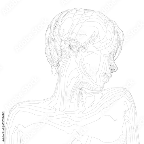 Outline of a girl with a short haircut looking to the side from black lines isolated on a white background. Head, neck and shoulders of a girl. 3D. Vector illustration.