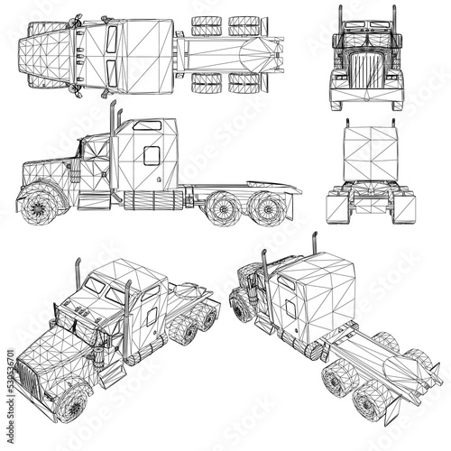 Set with wireframe of a cargo truck without a trailer from black lines isolated on a white background. Front, side, back, top, isometric view. 3D. Vector illustration.