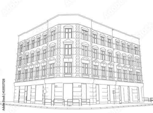 Outline of a four-story building from black lines isolated on a white background. Perspective view. Vector illustration.