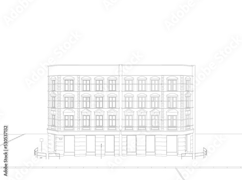 Outline of a four-story building from black lines isolated on a white background. Front view. Vector illustration.