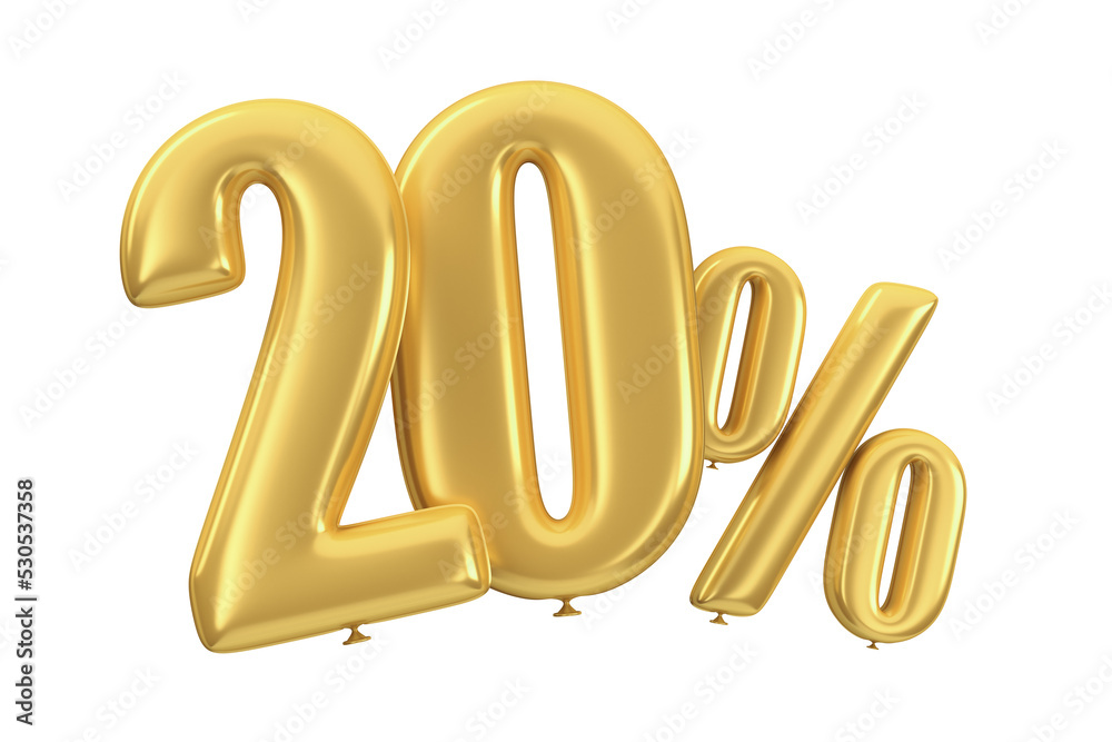 Golden percent balloons on an isolated white background. 3d render illustration. Twenty percent.