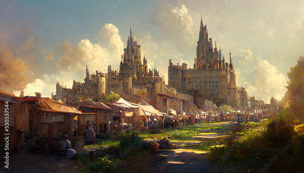 Magestic Medevial Castle and City on the Mountain. Fantasy Backdrop. Concept Art. Realistic Illustration. Video Game Background. Digital Painting CG Artwork. Scenery Artwork Serious Book Illustration
