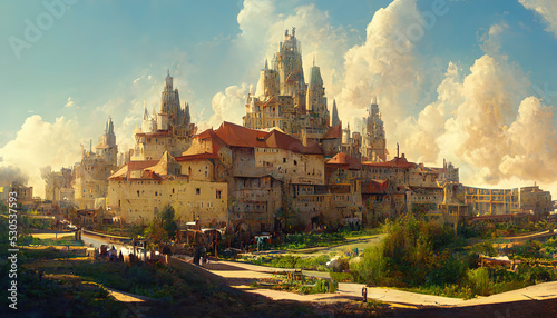 Magestic Medevial Castle and City on the Mountain. Fantasy Backdrop. Concept Art. Realistic Illustration. Video Game Background. Digital Painting CG Artwork. Scenery Artwork Serious Book Illustration  © info@nextmars.com