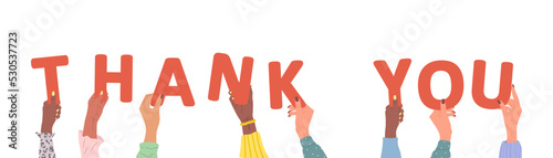 Group of different female hands holding red word Thank you. Diverse multi-ethnic people are together. Vector hand drawn illustration in cartoon style. Partnership and solution cooperation.