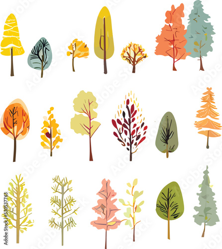 set of illustrations of trees, autumn trees, leaf fall