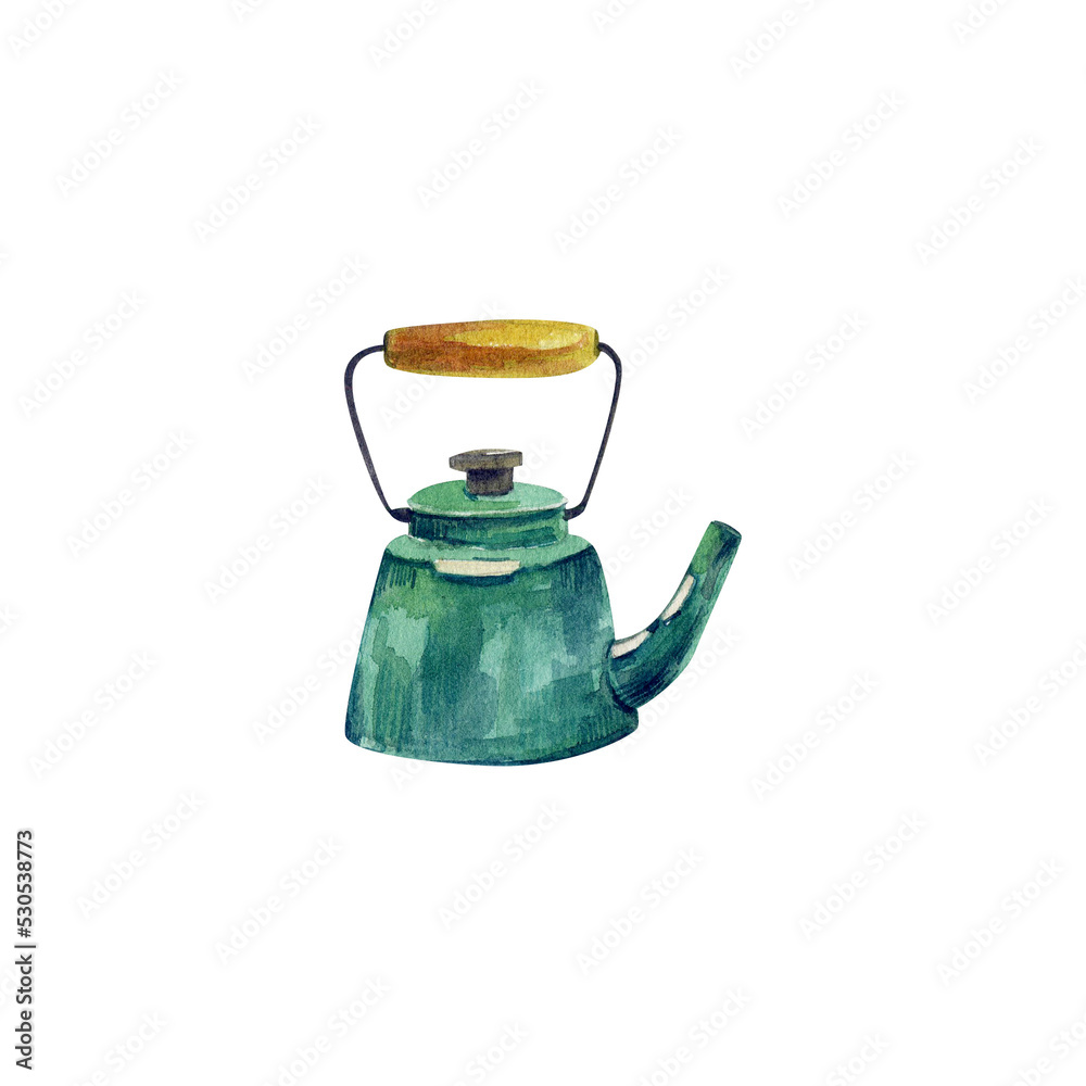 Green metal teapot. Watercolor illustration.