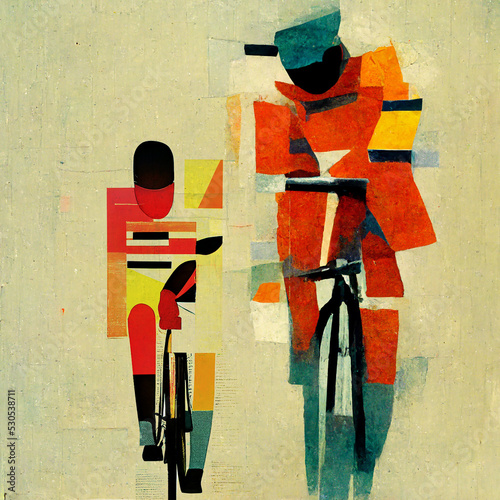 Two cyclists. Art in the style of Suprematism. Painting, art for the interior. photo