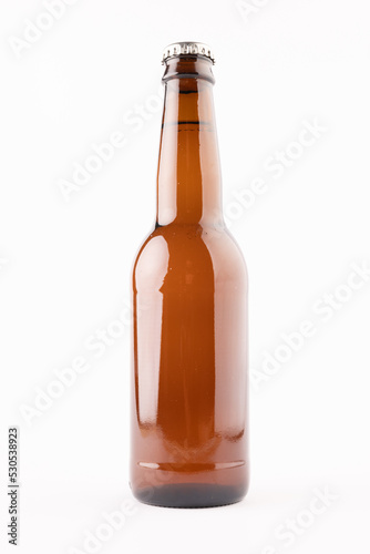 Image of brown glass full lager beer bottle with crown cap, with copy space on white background