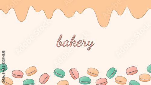 background template for bakery with dripped caramel top and colorful chaotic macaroons border bottom 