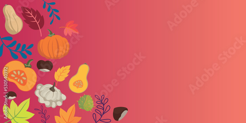 Autumn vegetables and leaves doodle background - flat design banner vibrant colors - floral seasons design