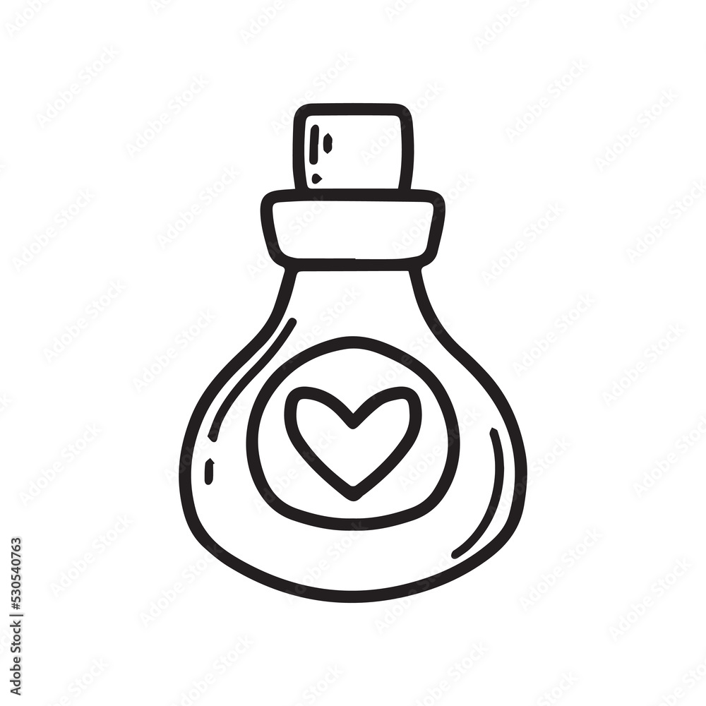 Vector illustration of a flask with a heart. Doodle style. Love potion. Vector illustration of a flask with a heart. Doodle style. Love potion.