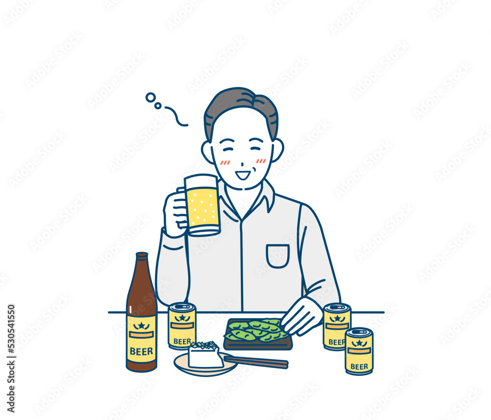 ビールを飲む中年の男性　飲酒　晩酌　飲みすぎ　酔う　イラスト