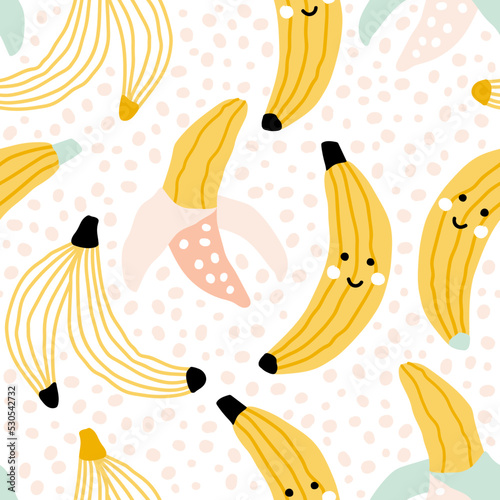 Vector seamless pattern of cute smiling yellow bananas on a white background with pink dots. Fruit print for fabric, paper, wallpaper, and packaging.