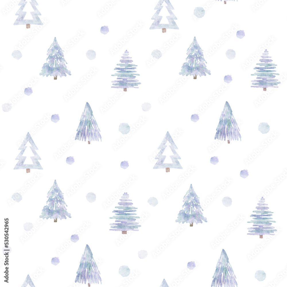 Watercolor forest. Cute seamless pattern. Winter forest. Creative watercolor texture for fabric, wrapping, textile, wallpaper, apparel. Hand drawn illustration.