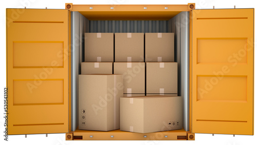 Open cargo container with pallet and cardboard boxes for shipping