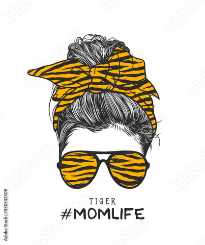Woman messy bun hairstyle with tiger pattern headband and glasses hand drawn vector illustration