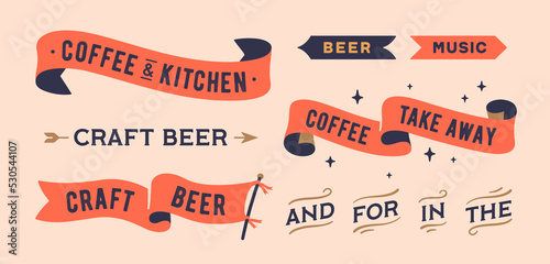 Set vintage graphic. Ribbon, flag, board with text Coffee, Kitchen, Take Away, Craft Beer. Isolated vintage old school set ribbon banner. Retro set vintage flag, ribbon, graphic. Vector Illustration