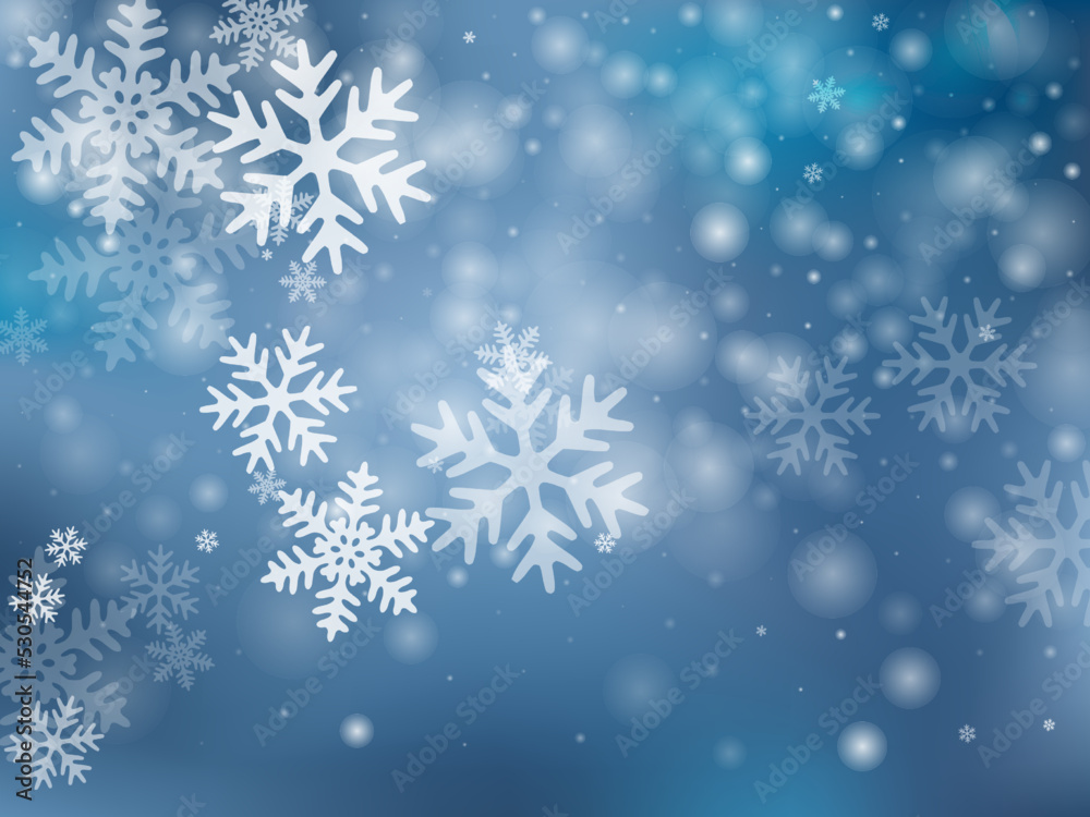 Cute heavy snow flakes backdrop. Winter dust frozen particles. Snowfall sky white teal blue wallpaper. Glimmer snowflakes january vector. Snow cold season landscape.