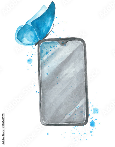 watercolot illustration of cmartphone with butterfly