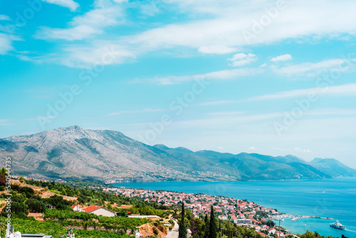 Sea bay and aerial view of the village of Orebic, Peljesac peninsula, Croatia