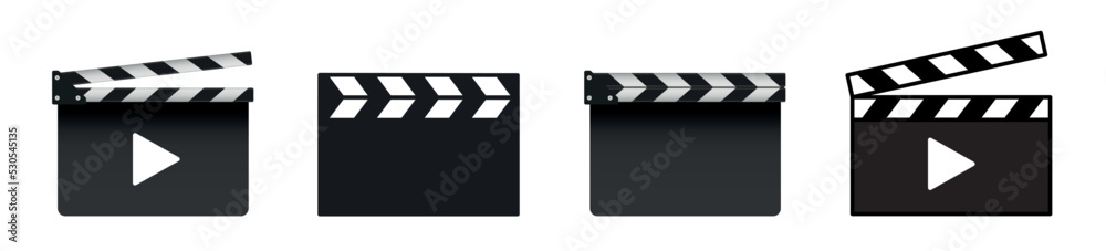 Clapper board set. Realistic black movie clappers board set. Clapboards open and closed. Director clapboard. Realistic vector illustration. Film. Cinematic device. Movie clapper design template