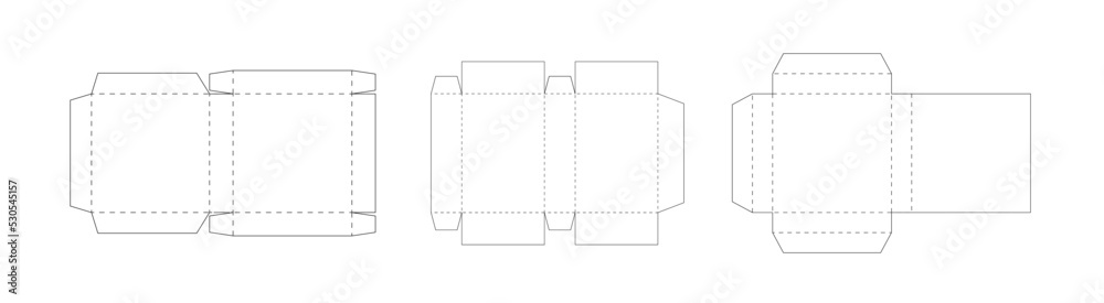 Package box template set. Dotted lines scheme of paper packaging, geometric model layout, black thin lines on white background.